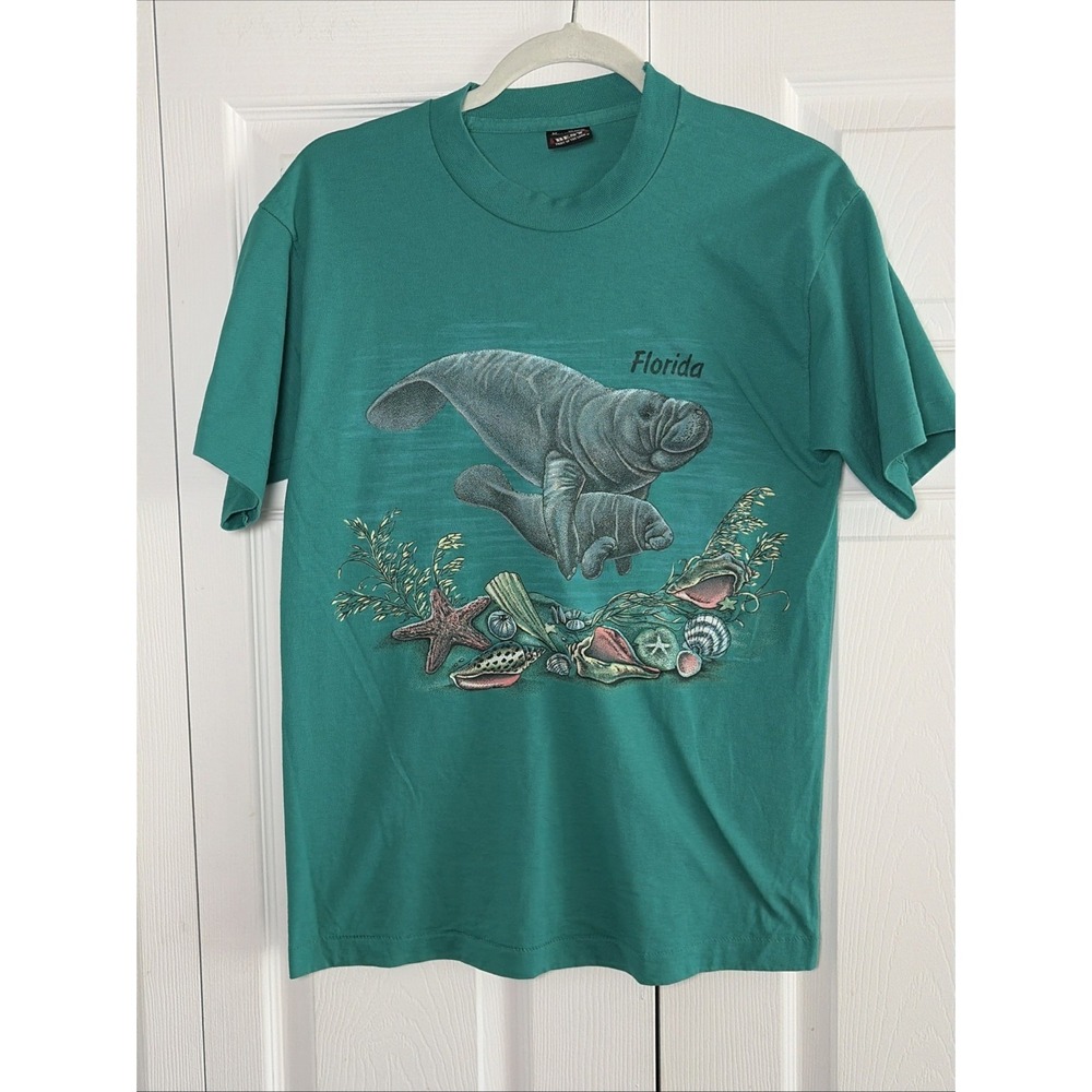 Fruit of the Loom Florida Manatee Graphic T-Shirt Mens Size M Green Vintage 90s